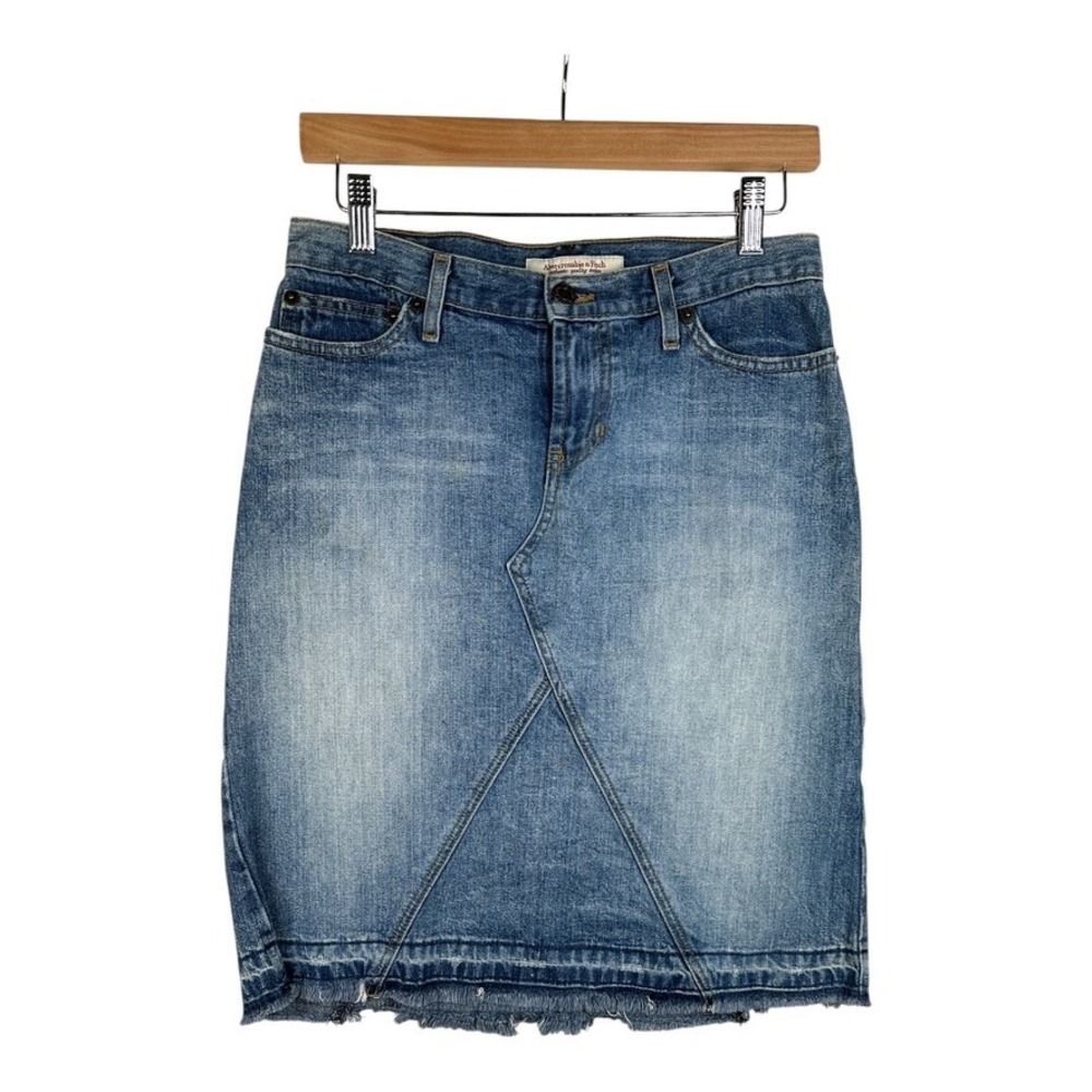 Vtg Abercrombie & Fitch Skirt Womens 0 Blue Knee Length‎ Denim Faded Frayed Y2K